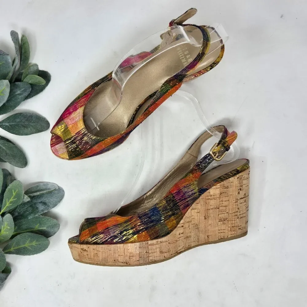 STUART WEITZMAN Jean Winsel‎ Tinsel Metallic Plaid Cork Wedge 9N